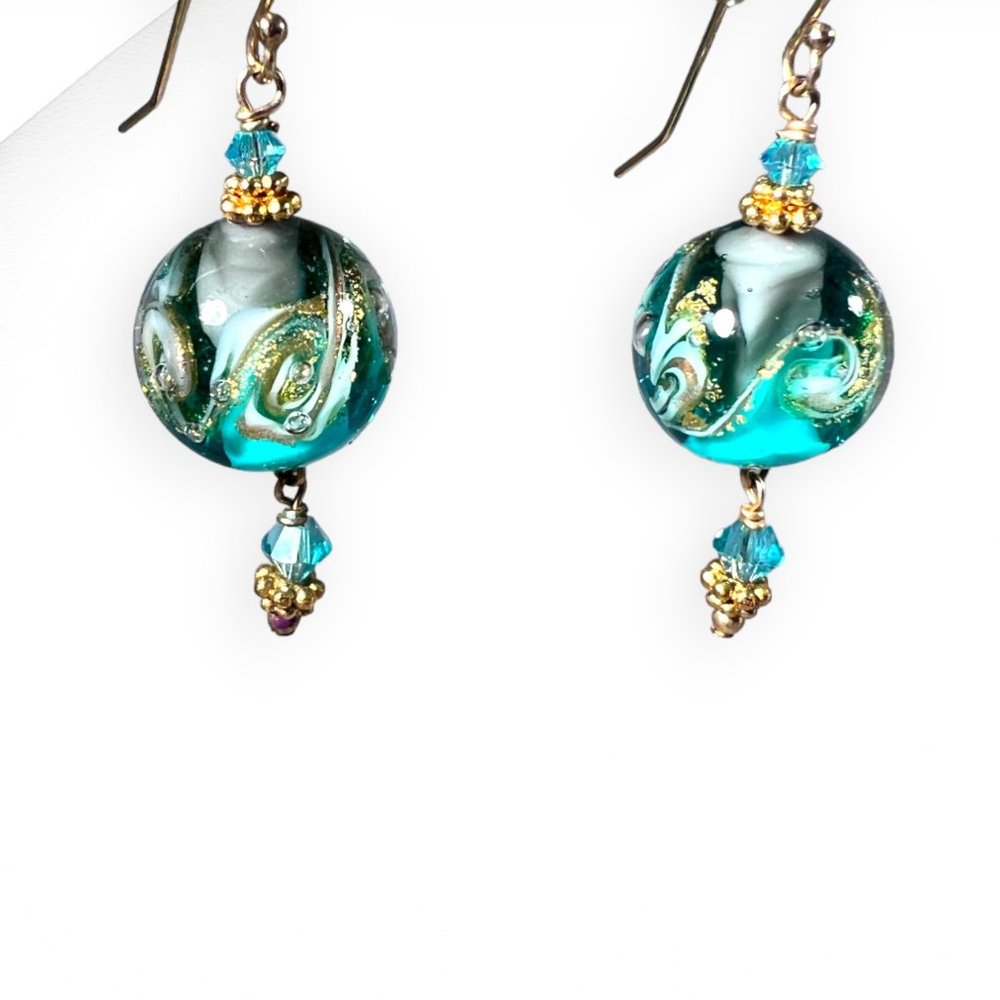 Hand-made Venetian glass bead earrings turquoise gold